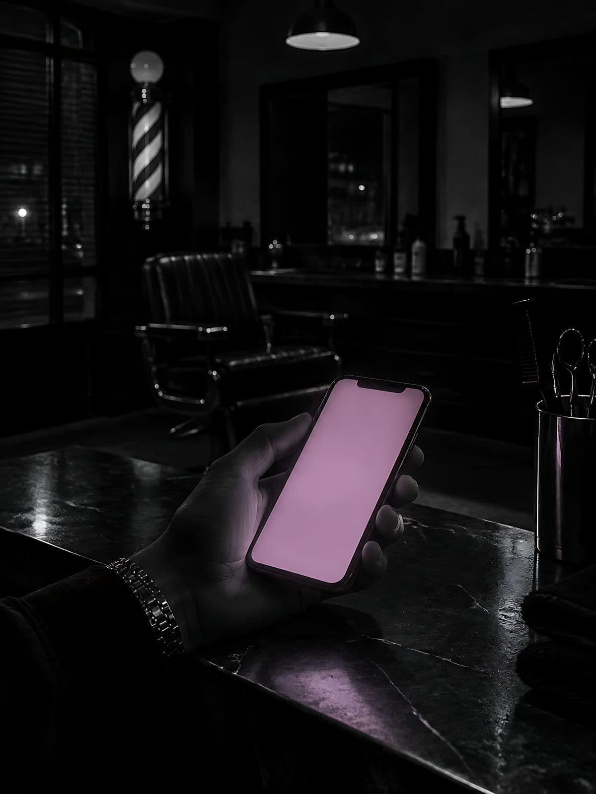 Mano sosteniendo un celular con la pantalla iluminada en una barbería cerrada