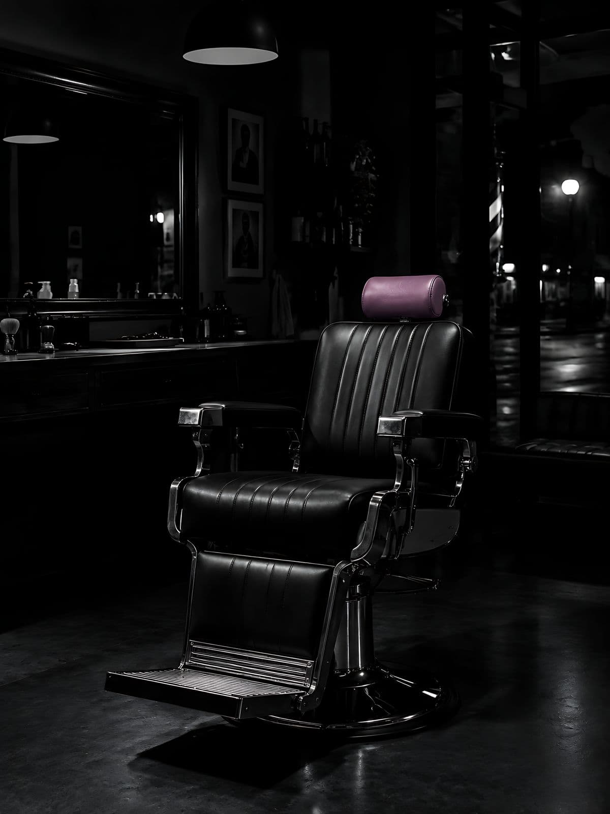 Sillón de barbero vacío en la barbería de noche
