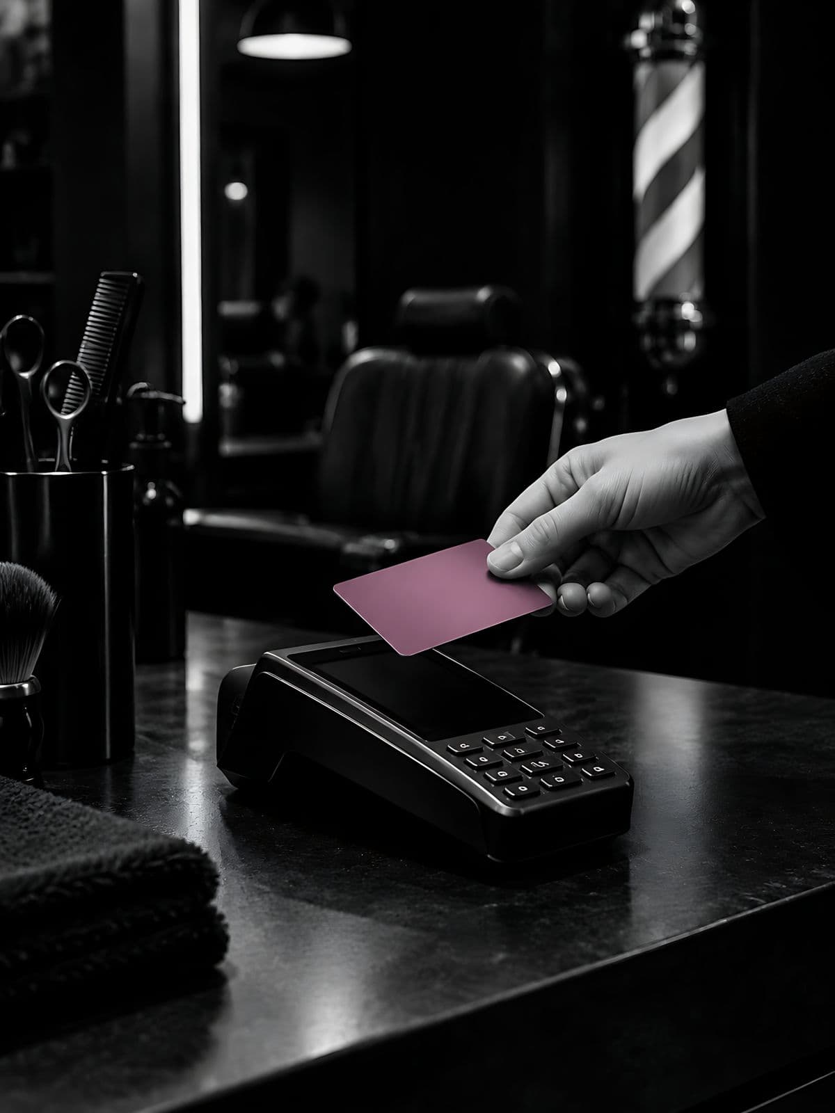 Mano acercando una tarjeta a una terminal de pago