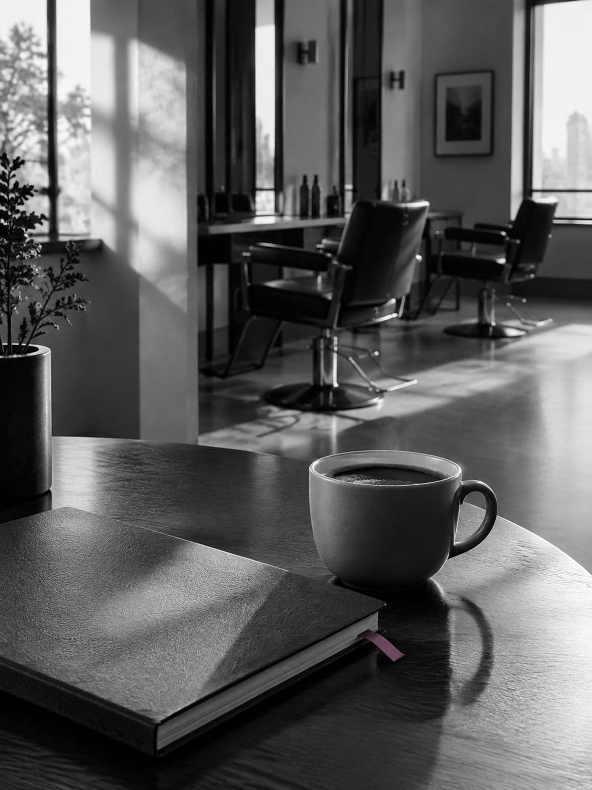 Salón vacío con luz de la mañana, una taza de café y una libreta